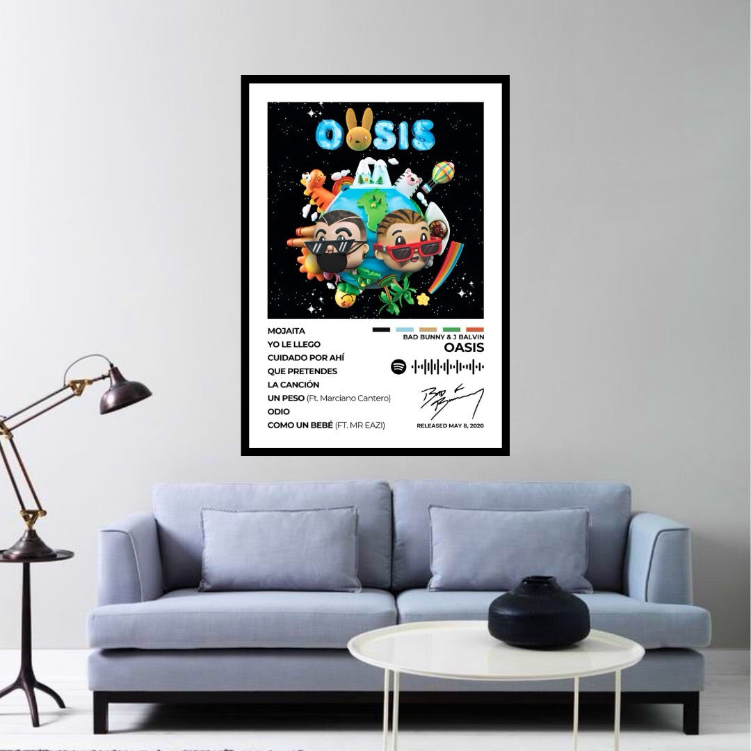 Immerse yourself in the vibrant rhythms of Oasis with this striking album cover poster. A tribute to Bad Bunny and J Balvin’s fusion of reggaeton and Latin trap, bringing summer vibes and global hits.