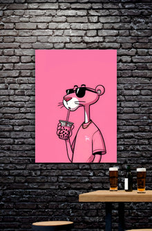 Pink Panther Drinking Boba Poster || Aesthetic