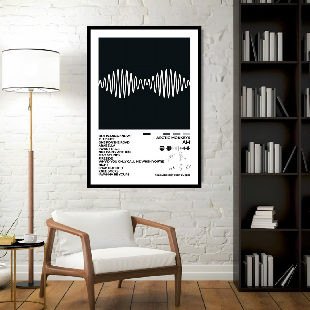 ARCTIC MONKEYS - Am - Capture the essence of indie rock with this AM album cover poster by Arctic Monkeys. Featuring the sleek and minimalist soundwave design, this piece is perfect for fans of their hypnotic riffs and smooth lyrics.